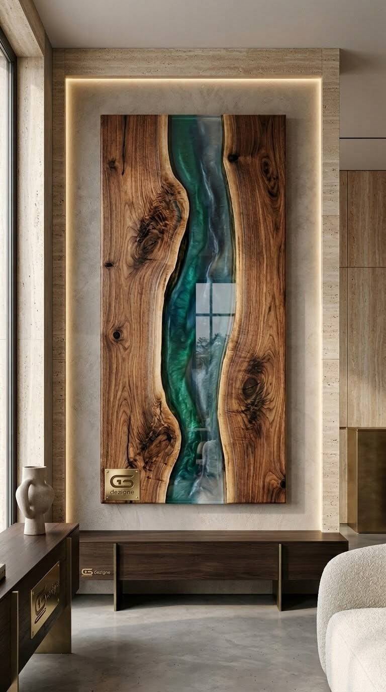 Pannello decorativo verticale in legno e resina epossidica verde sfumata, pensato come elemento d'arte contemporanea per interni di lusso.