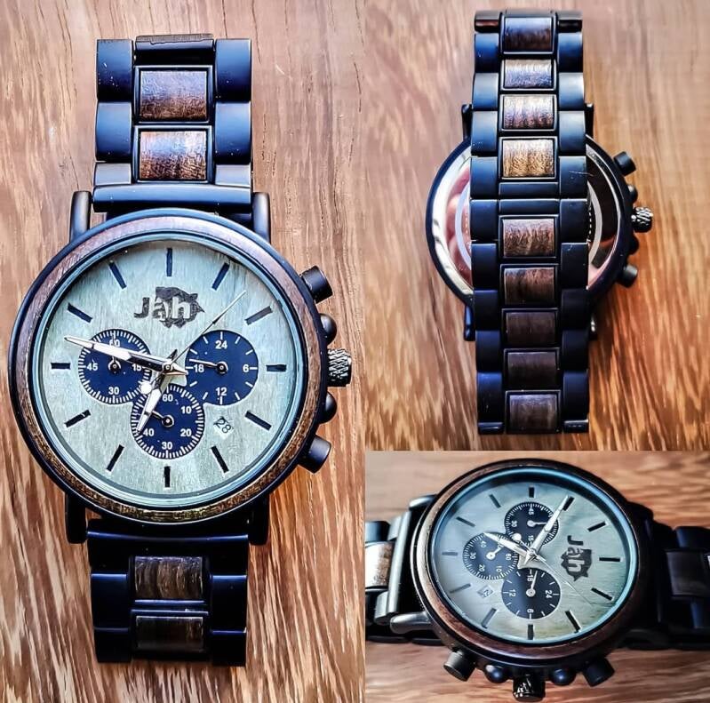 Presentazione versatile dell'orologio JAH: vista frontale, laterale della corona e fondello.