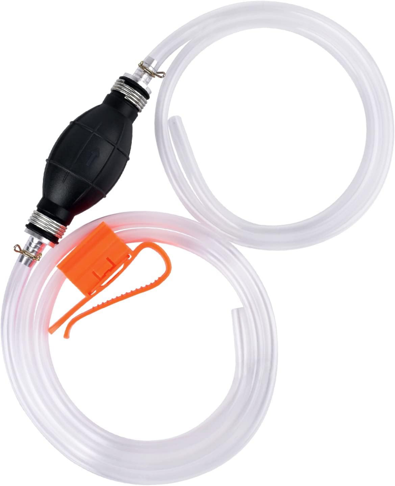 Portable fuel siphon pump for emergency motorcycle fuel transfer and adventure travel