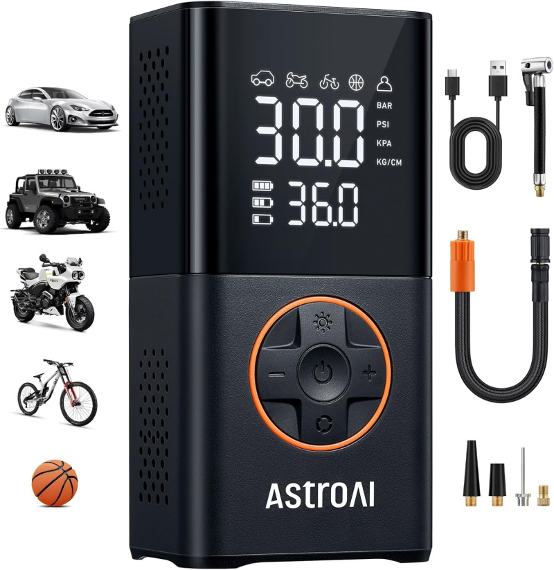AstroAI L4 cordless tire inflator for motorcycles and adventure bikes