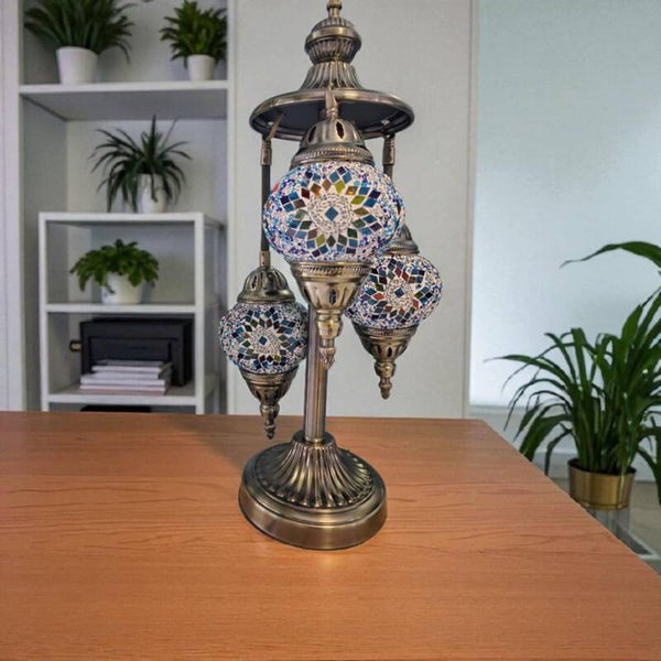 Lampe Mosaïque Turque 3 Globes Bleue & Ambre – Artisanat Luxe | Prise EU