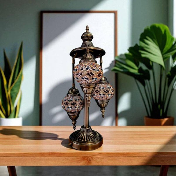 Lampe Mosaïque Turque 3 Globes Rouge & Or – Éclat Chaleureux | Prise EU