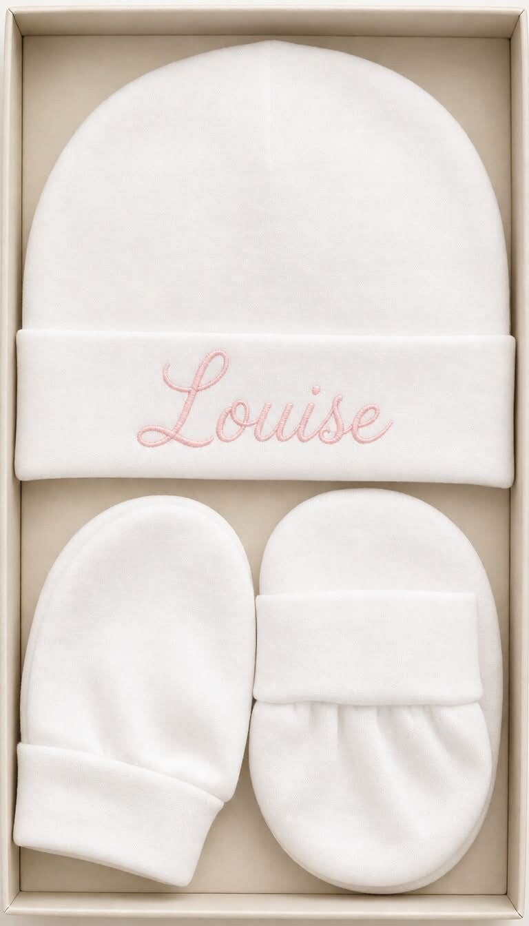 Coffret bonnet + moufles + chaussons avec prénom