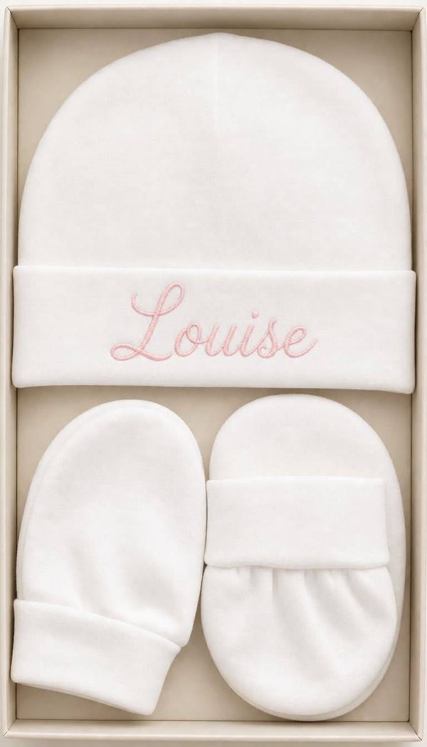 Coffret bonnet + moufles + chaussons avec prénom