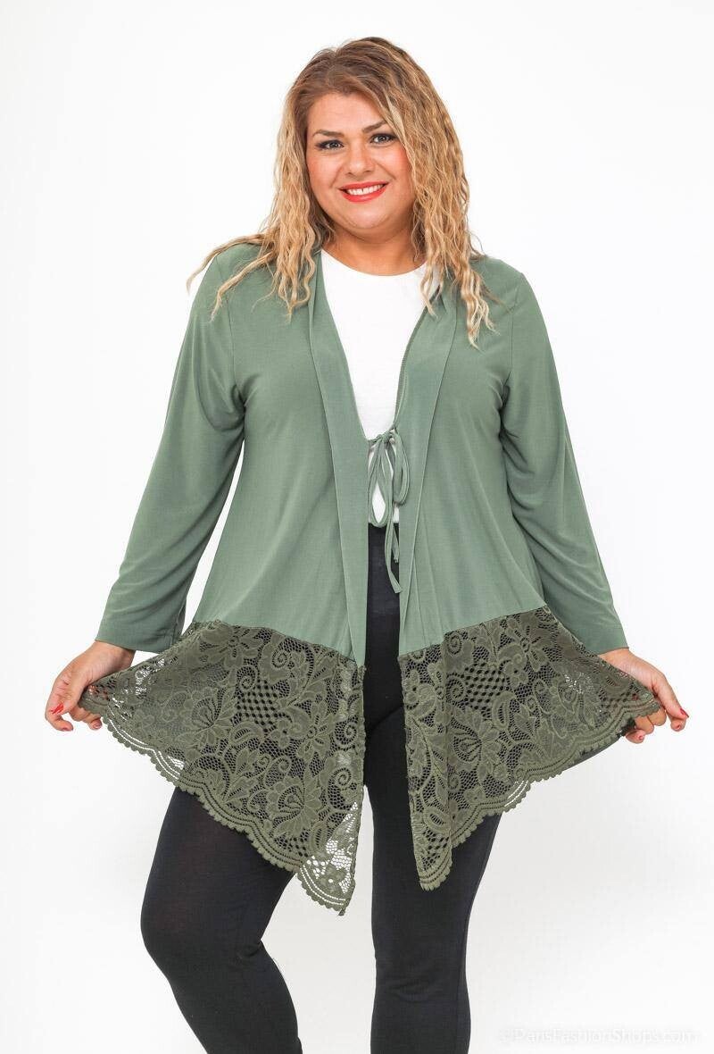 Cardigan fluide à nœud avec dentelle Kaki