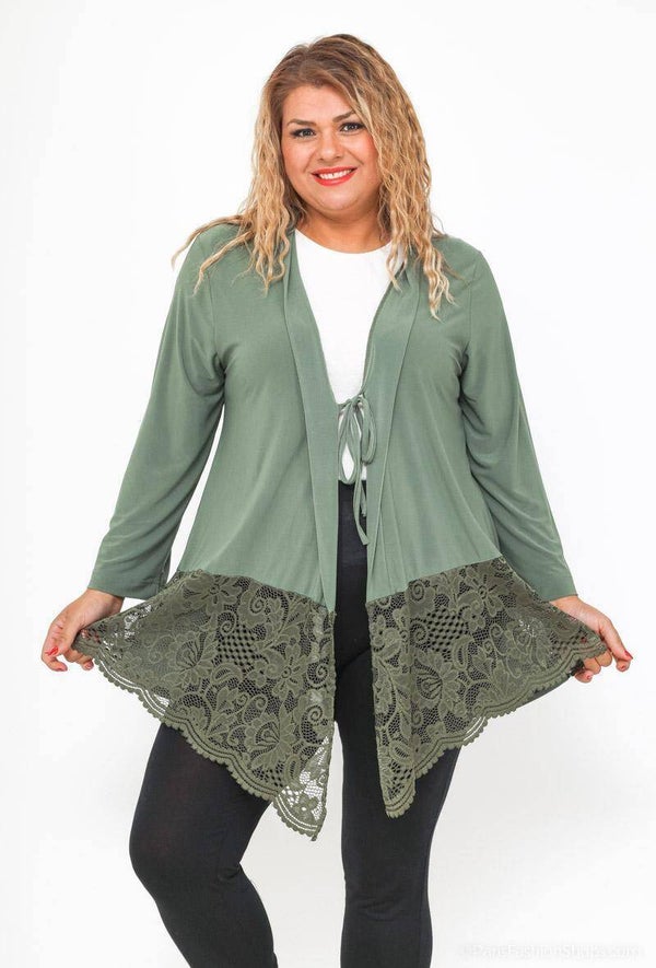 Cardigan fluide à nœud avec dentelle Kaki