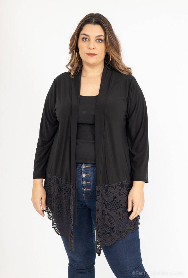 Cardigan fluide à nœud avec dentelle noir