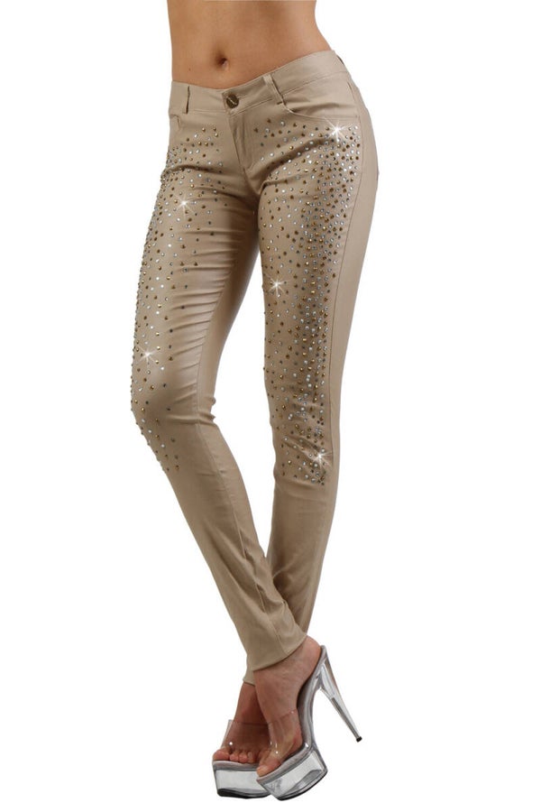 Pantalon slim chic avec strass scintillants, style glamour