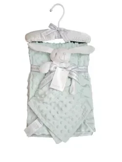 Coffret de naissance couverture + doudou lapin vert d'eau