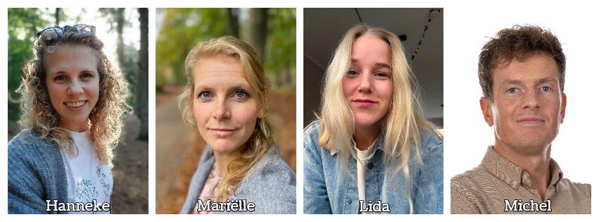 Team voorstelling-in-één-dag. Op de foto staan de vier docenten die voor een voorstelling-in-één-dag ingezet worden. 