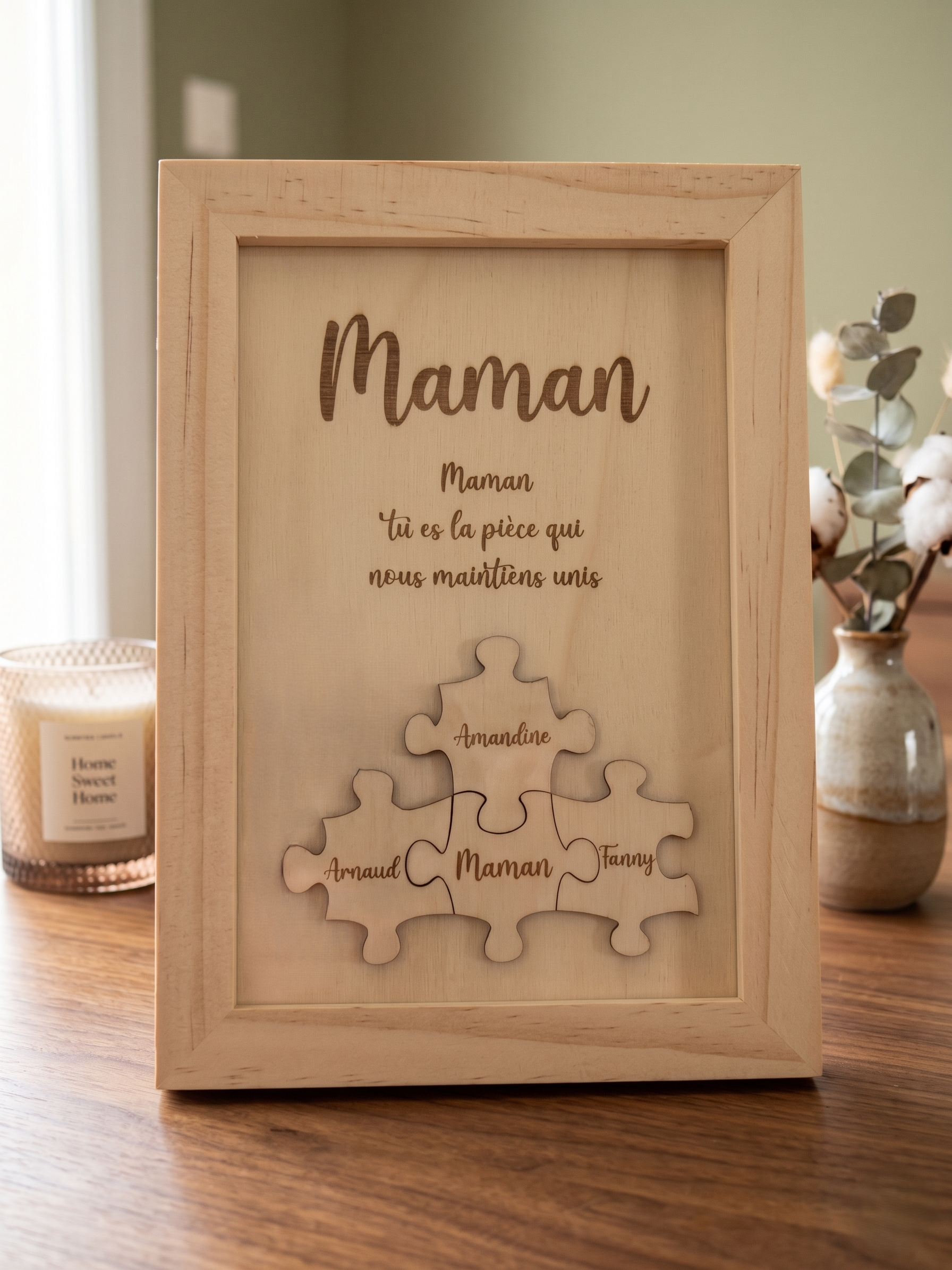 Cadre en Bois Personnalisé "Puzzle Familial" 10X15cm