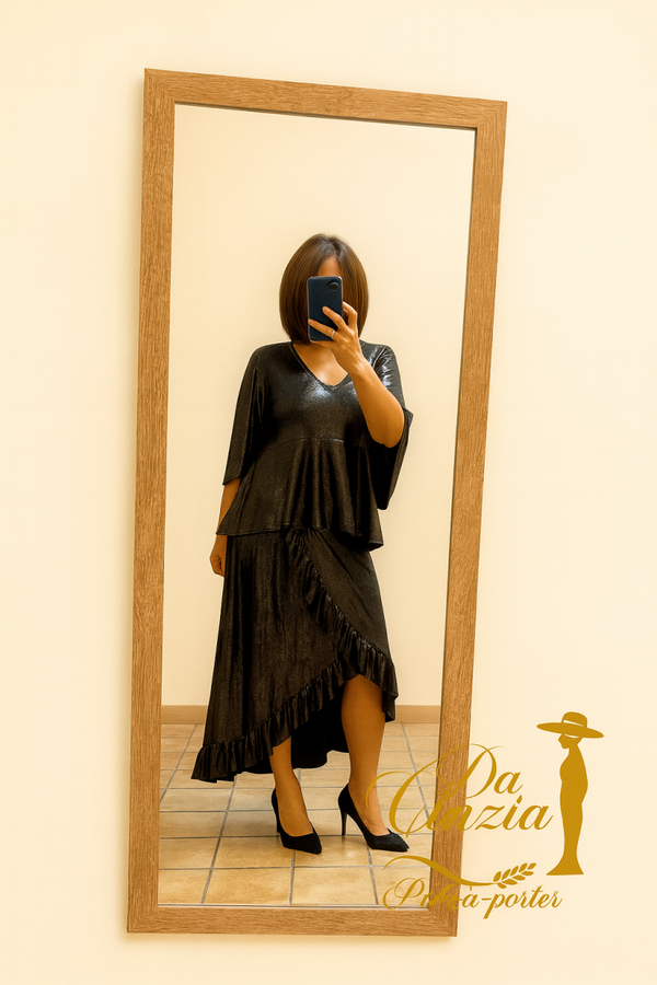 Ensemble femme 2 pièces – Jupe asymétrique & blouse fluide métallisée