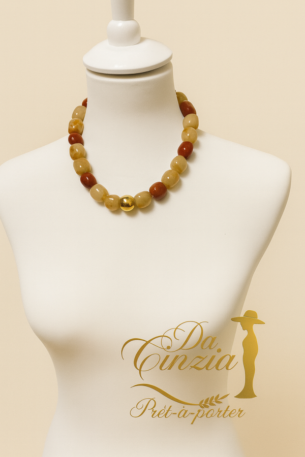 🌟 Collier Femme en Perles – Tons Chauds & Perle Dorée (45 cm)