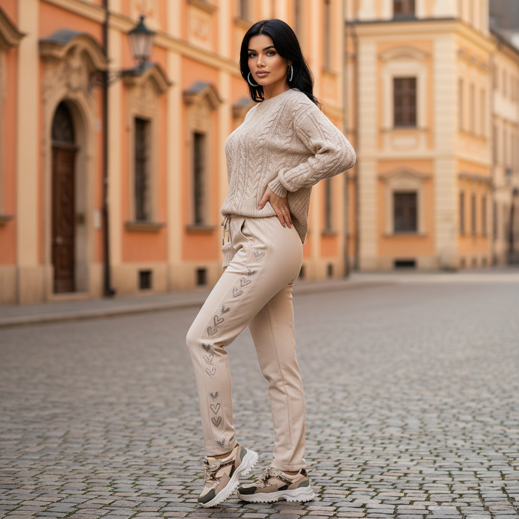 Pantalon jogger beige cœur strass – Confort chic & détails scintillants