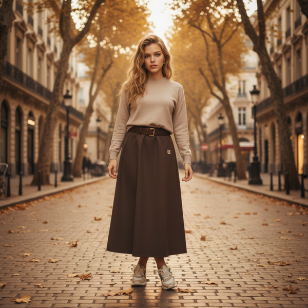 Jupe évasée taille haute avec ceinture – Chocolat / Bleu Marine / Gris