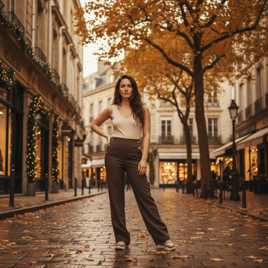 Pantalon marron chic avec boutons décoratifs – Coupe élégante –