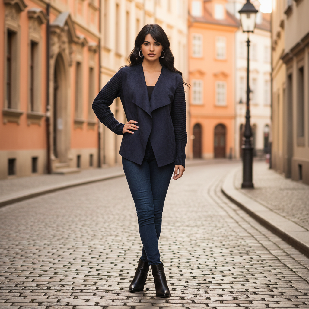 Veste femme chic bleu marine – Coupe cascade & manches texturées