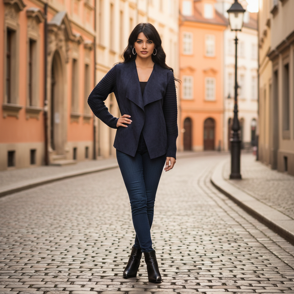 Veste femme chic bleu marine – Coupe cascade & manches texturées