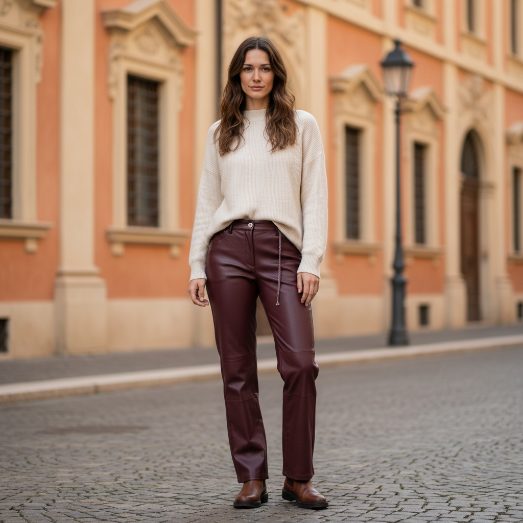 pantalon en simili cuir aubergine