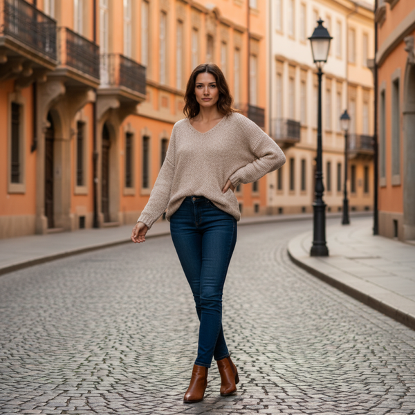 Pull femme maille loose col V – Beige / Aubergine / Chocolat