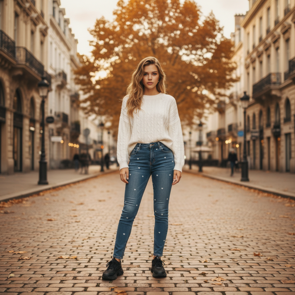 Jean Femme Cœurs Brodés – Confort & Style