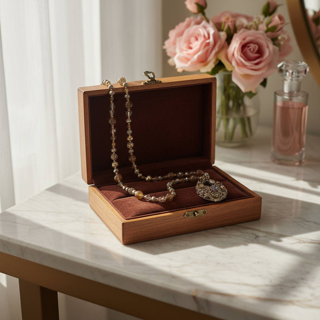 Collier perles dorées et pierres naturelles avec pendentif ornemental – Bijou élégant et féminin