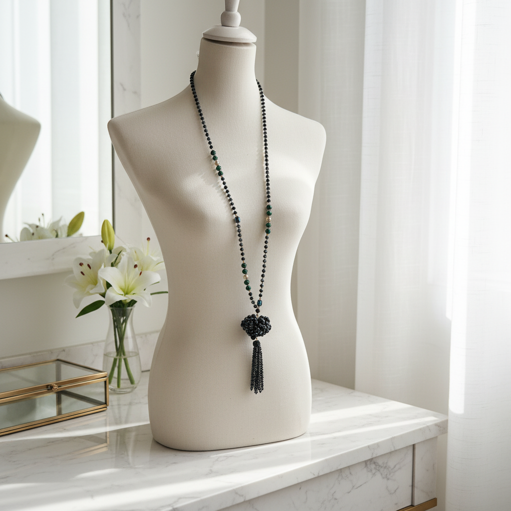 Collier long perles noires et vertes avec pendentif Coeur – Bijou élégant et intemporel