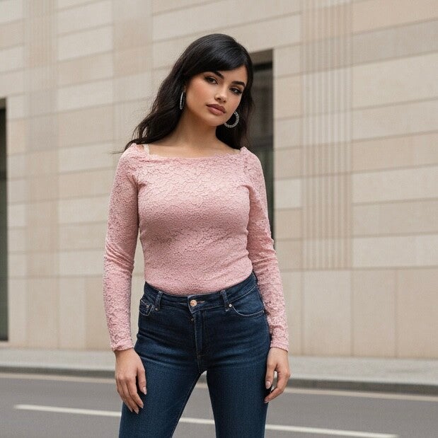 Top femme en dentelle col bateau manches longues – 2 couleurs