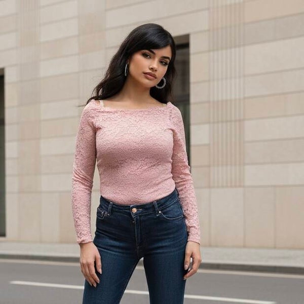 Top femme en dentelle col bateau manches longues – 2 couleurs