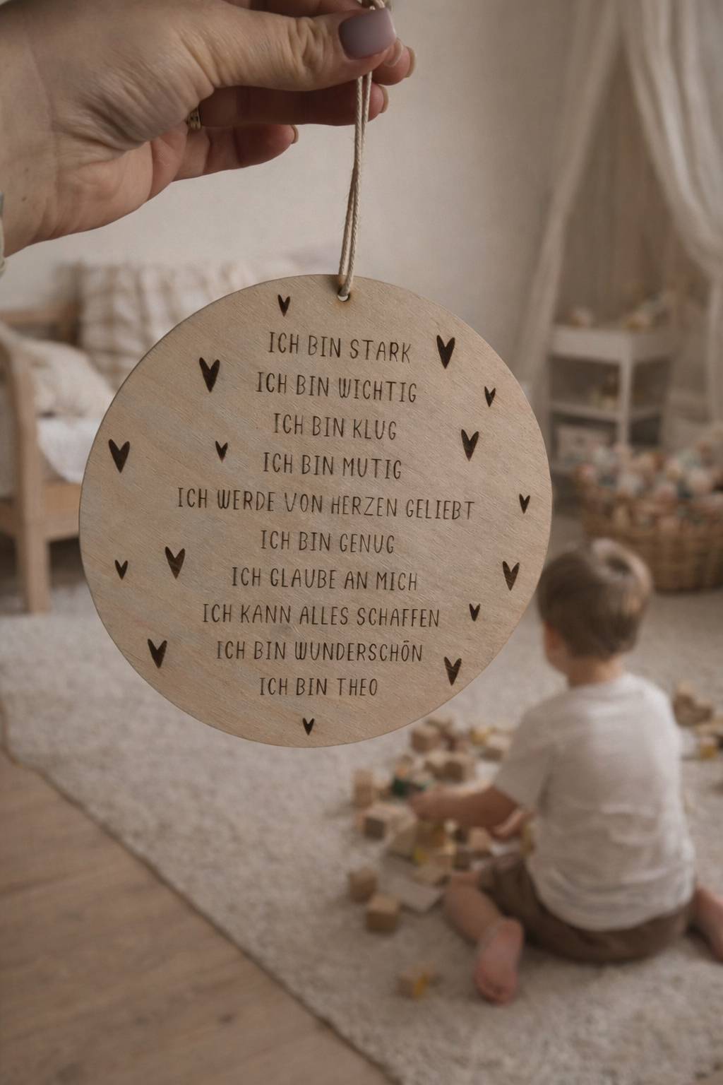 HOLZSCHEIBE AFFIRMATIONEN PERSONALISIERT "HERZEN"