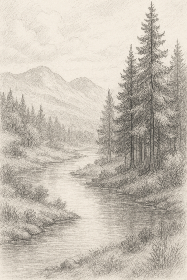Peaceful River Through Pine Forest
