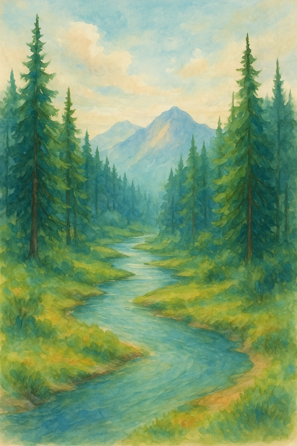Serene River Through Evergreen Forest