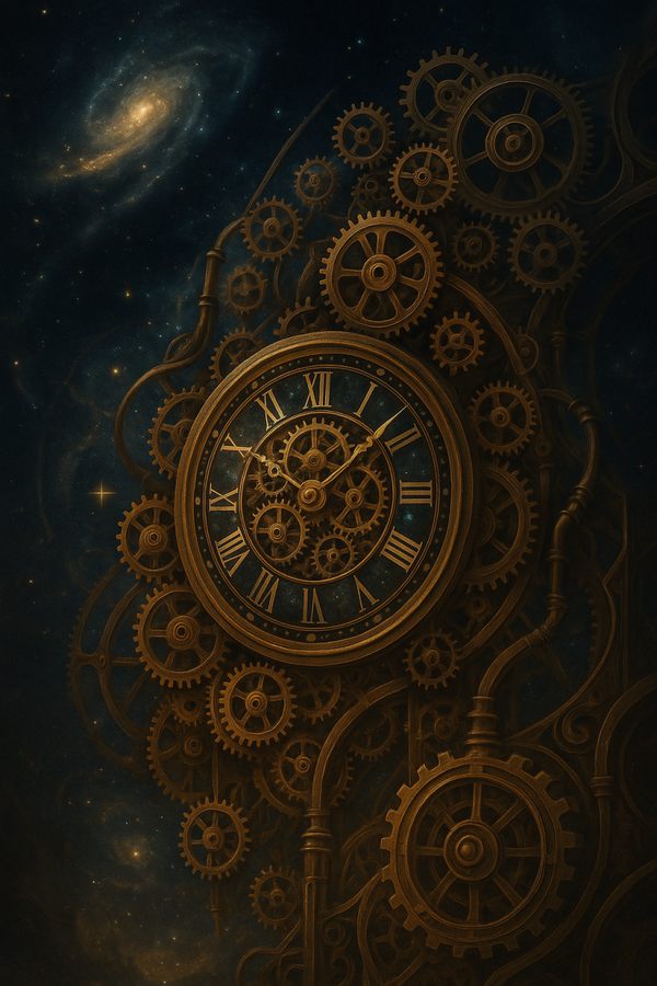 Steampunk Clock Amidst Cosmic Nebula
