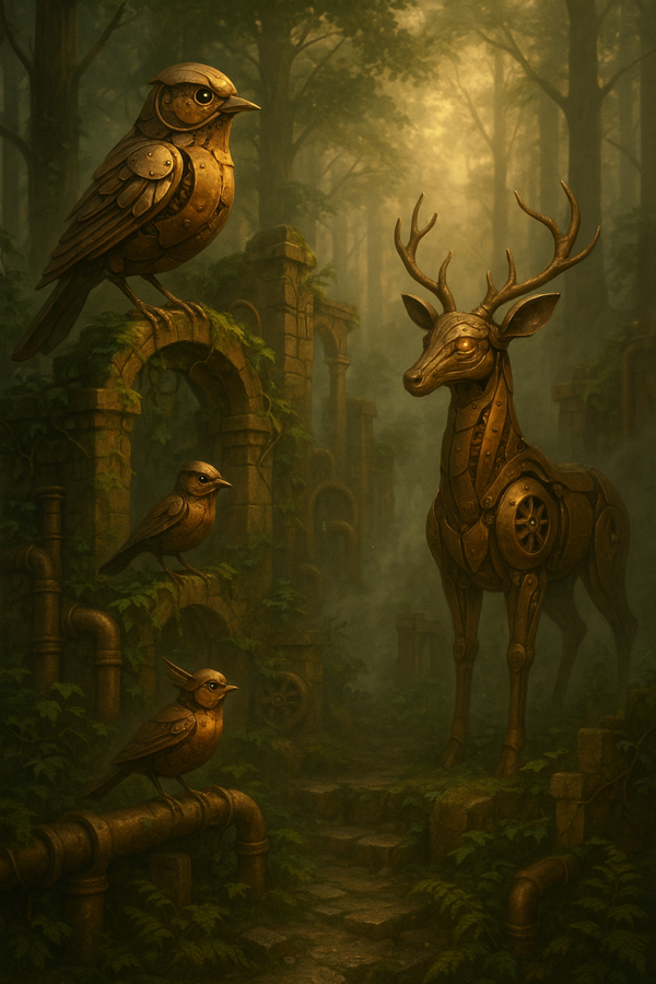 Steampunk Forest with Mechanical Creatures