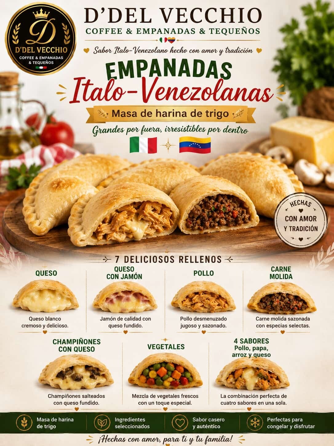 Empanadas Italo-Venezolana de Vegetales Champoñones y Queso Blanco Mosarela