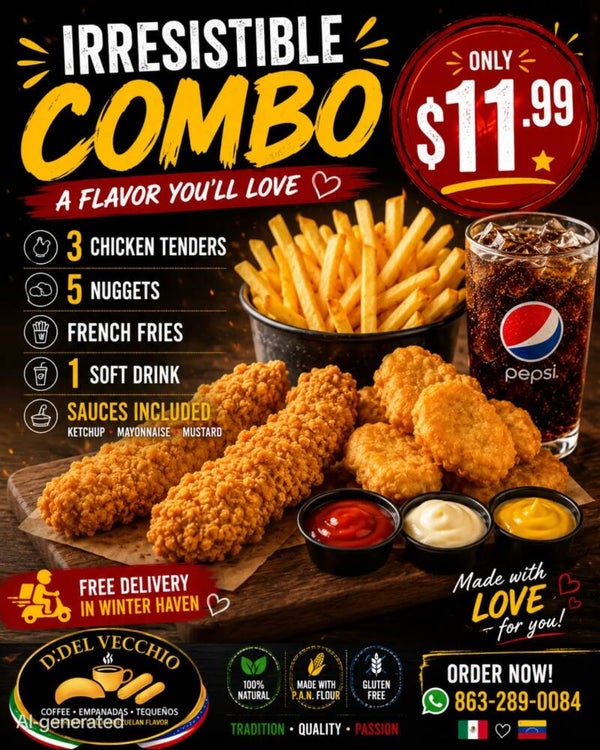 Combo # 16 Irresitible 3 Tende pollo + 5 Nuggets+ Papa fritas y una Soda,.