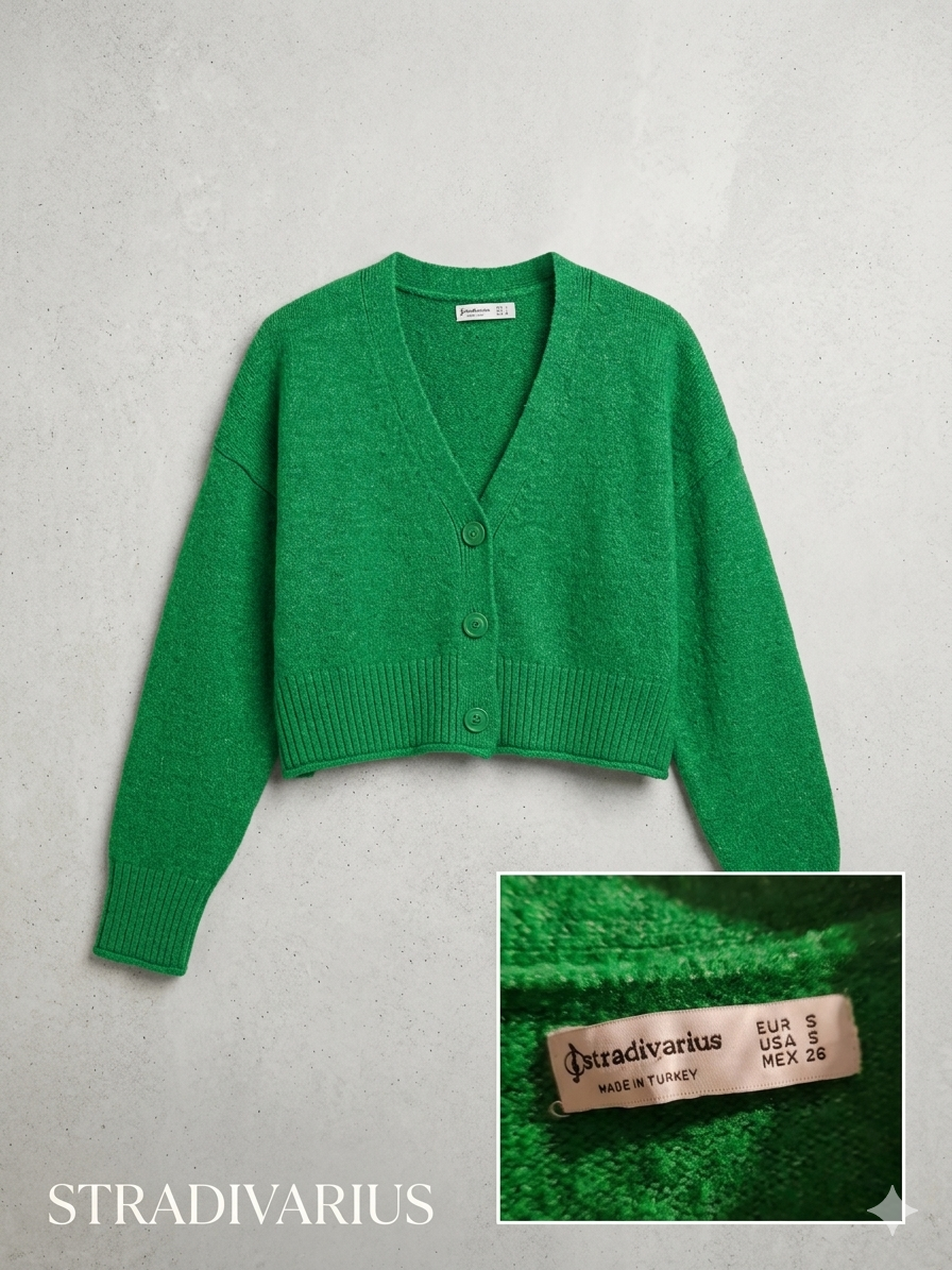 Zielony Krótki Kardigan V-Neck Stradivarius (Rozmiar S)