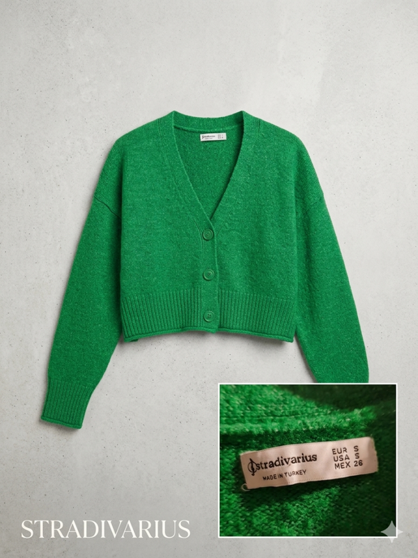 Zielony Krótki Kardigan V-Neck Stradivarius (Rozmiar S)