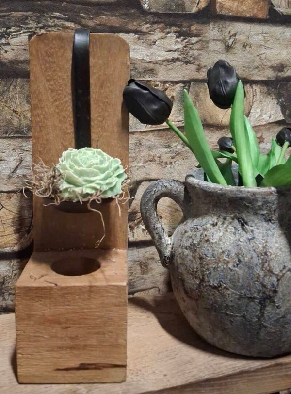 Houten Waxine houder klein met lepel en amberroos