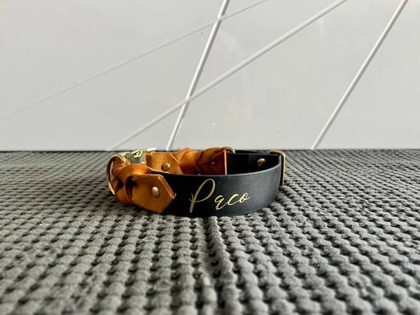 Verstellbares Leder-Biothane Hundehalsband LightGold, Dark Brown, Saddle Brown