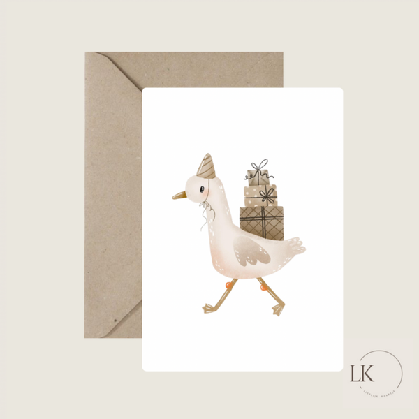 Wenskaart 'eend met cadeaus'