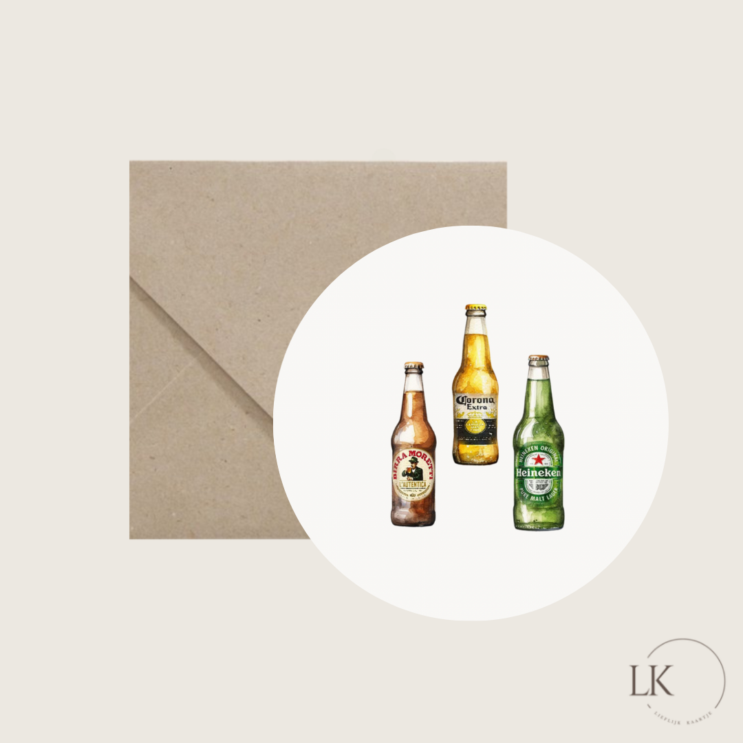 Ronde wenskaart “bierflesjes”