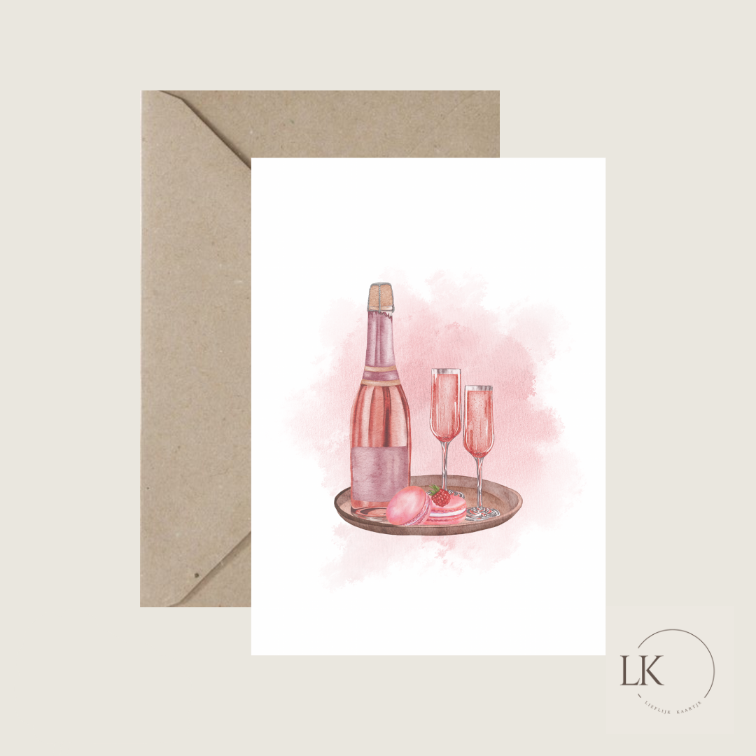 Wenskaart “champagne dienblad”
