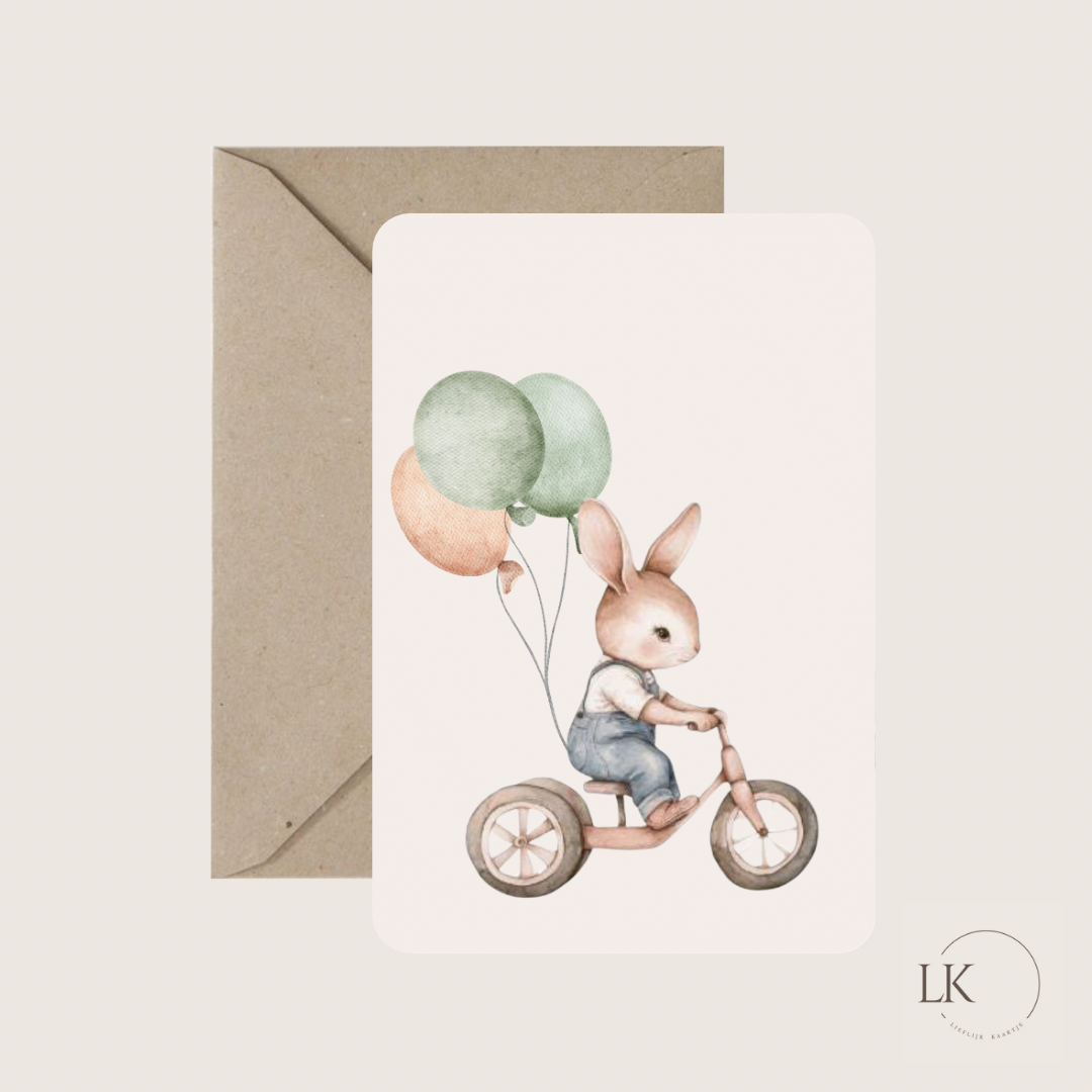 Wenskaart “loopfiets ballon”