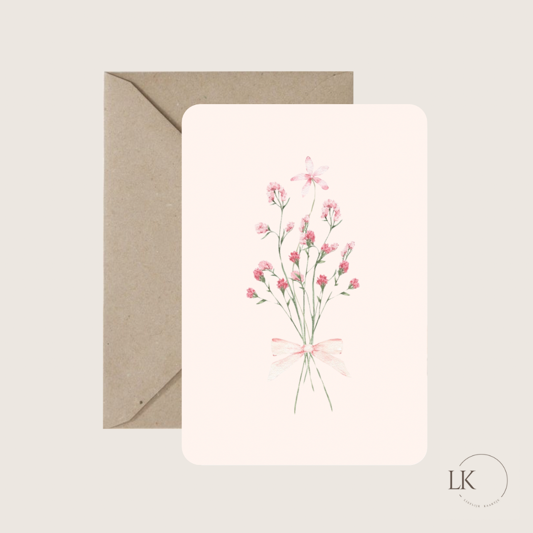 Wenskaart “bloemen met strikje”