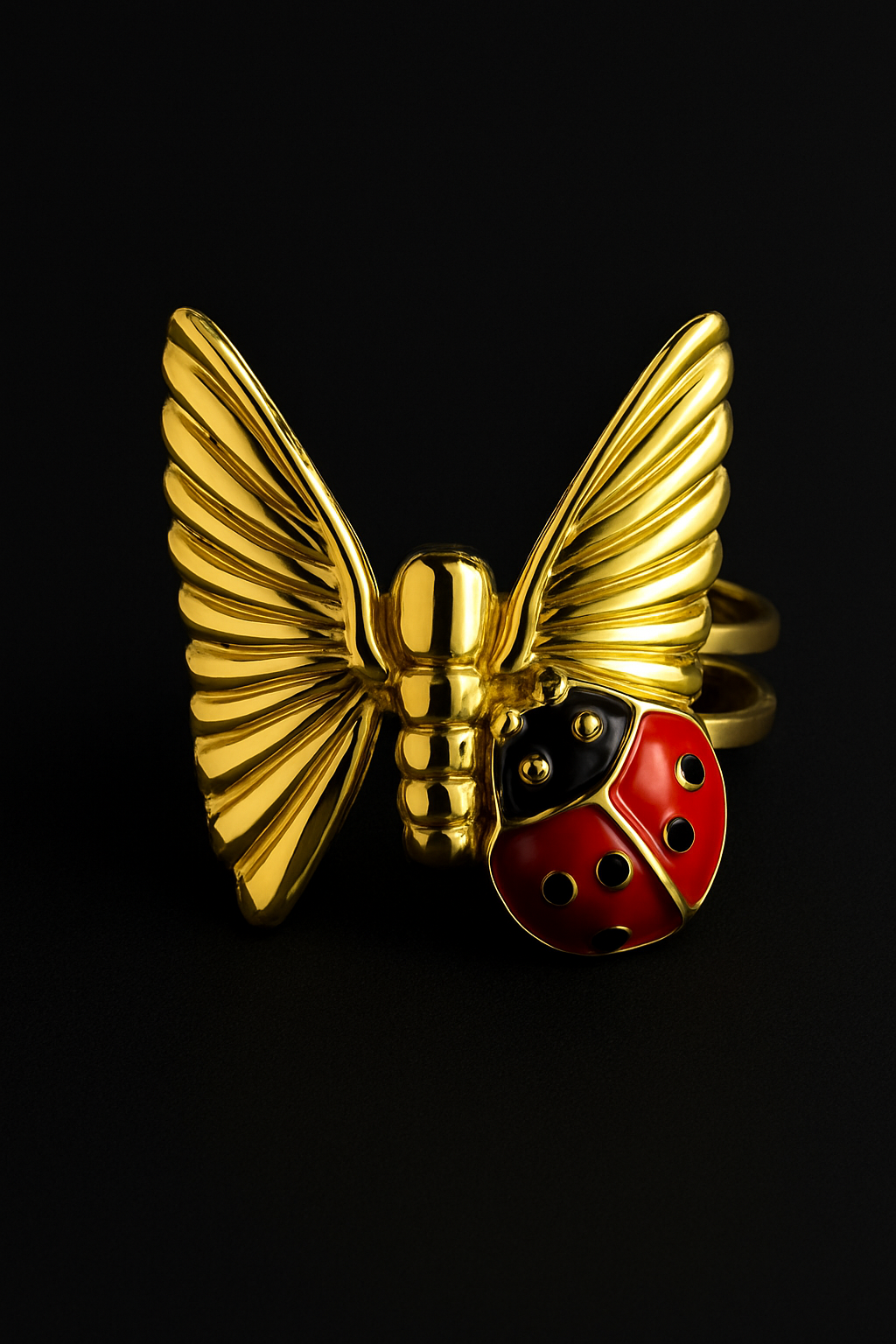 Butterfly & Ladybug Adjustable Stainless Steel Ring – Gold Enamel Finish