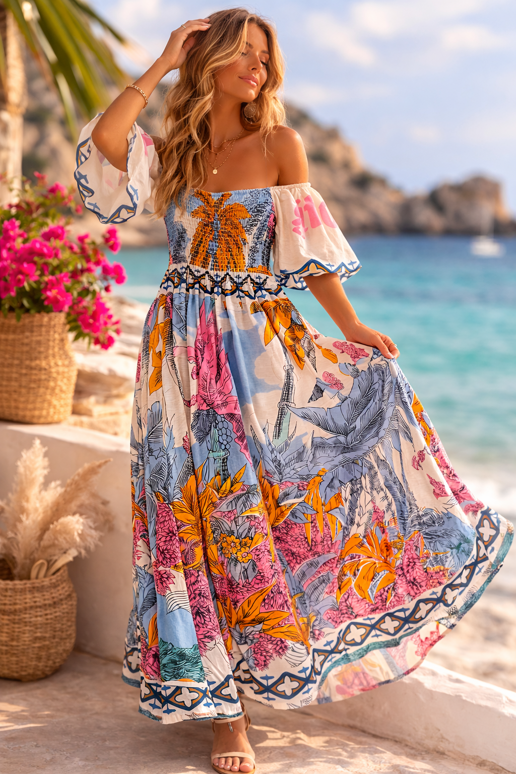 Boho Tropical Cotton Maxi Dress