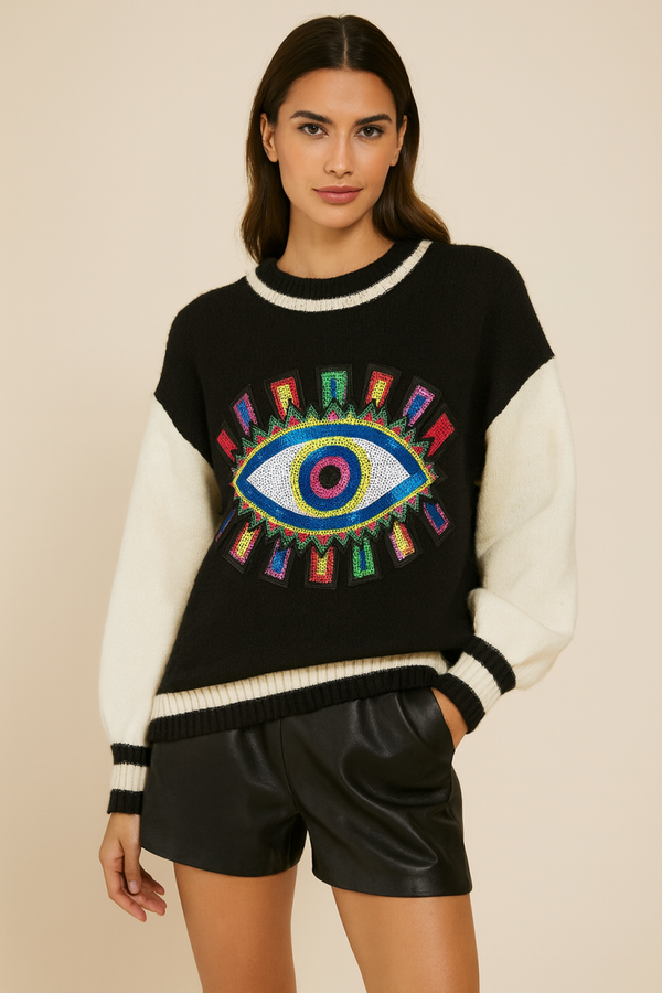 Evil Eye Rainbow Sweater – Black & Ivory