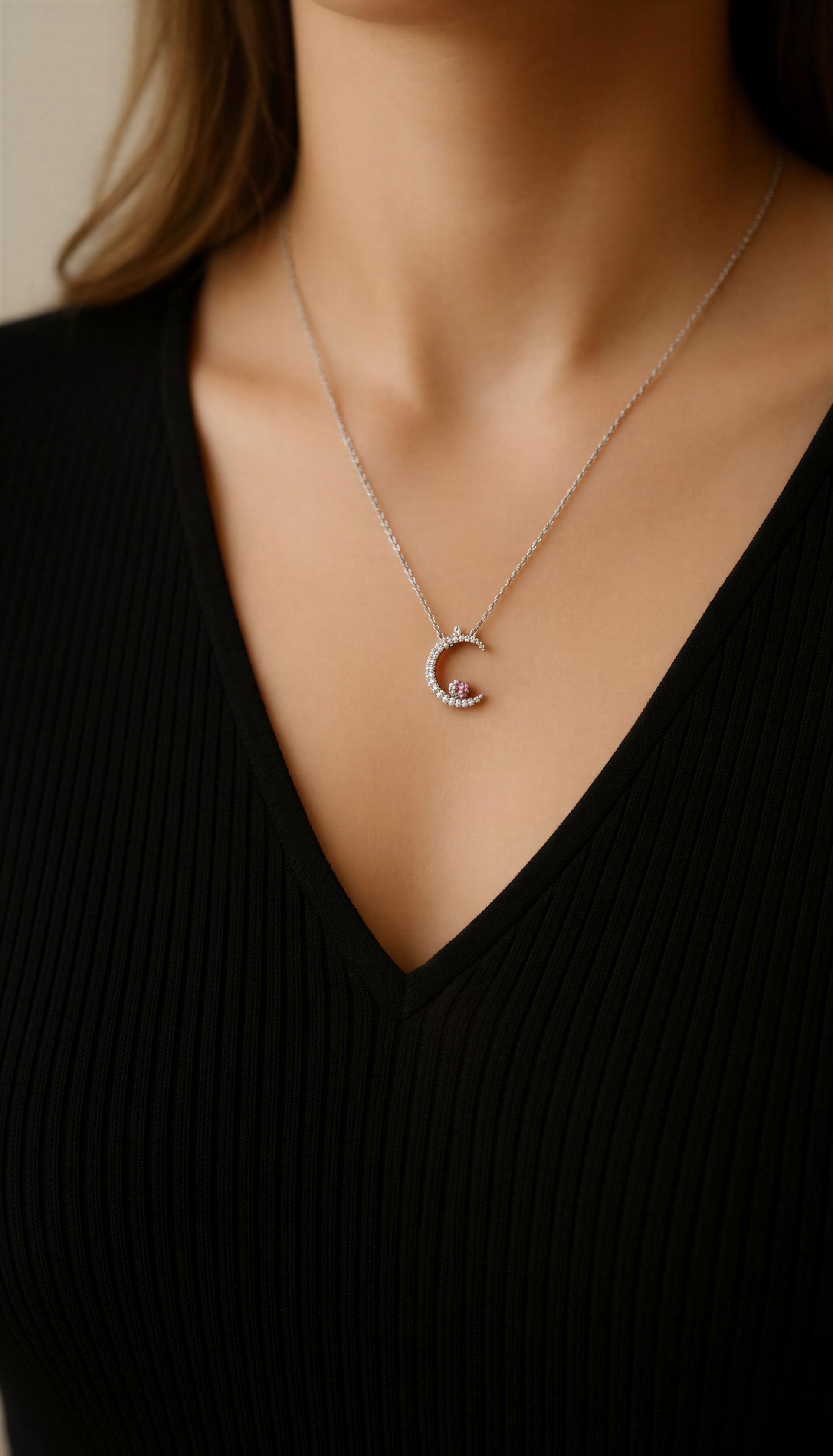 Stainless Steel Crescent Moon Necklace – Pink Crystal Accent