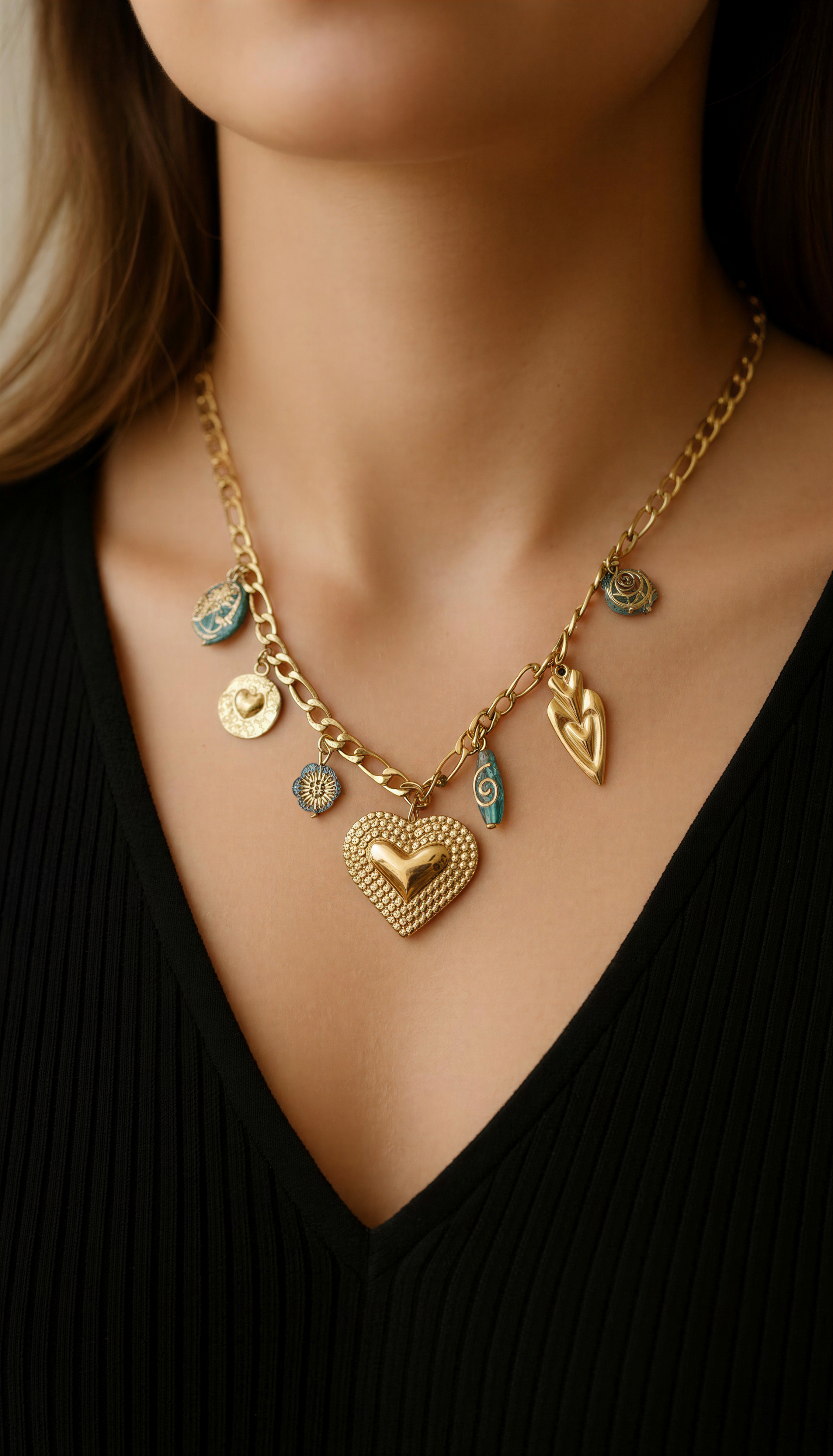 Stainless Steel Gold Charm Necklace – Heart & Turquoise Accents